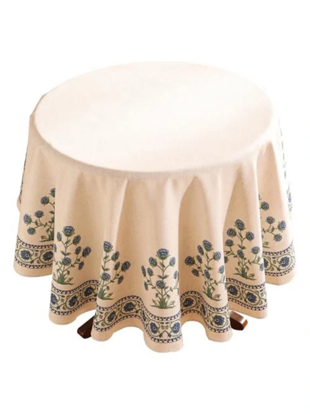 Floral Border Round Tablecloth in Cream and Blue
